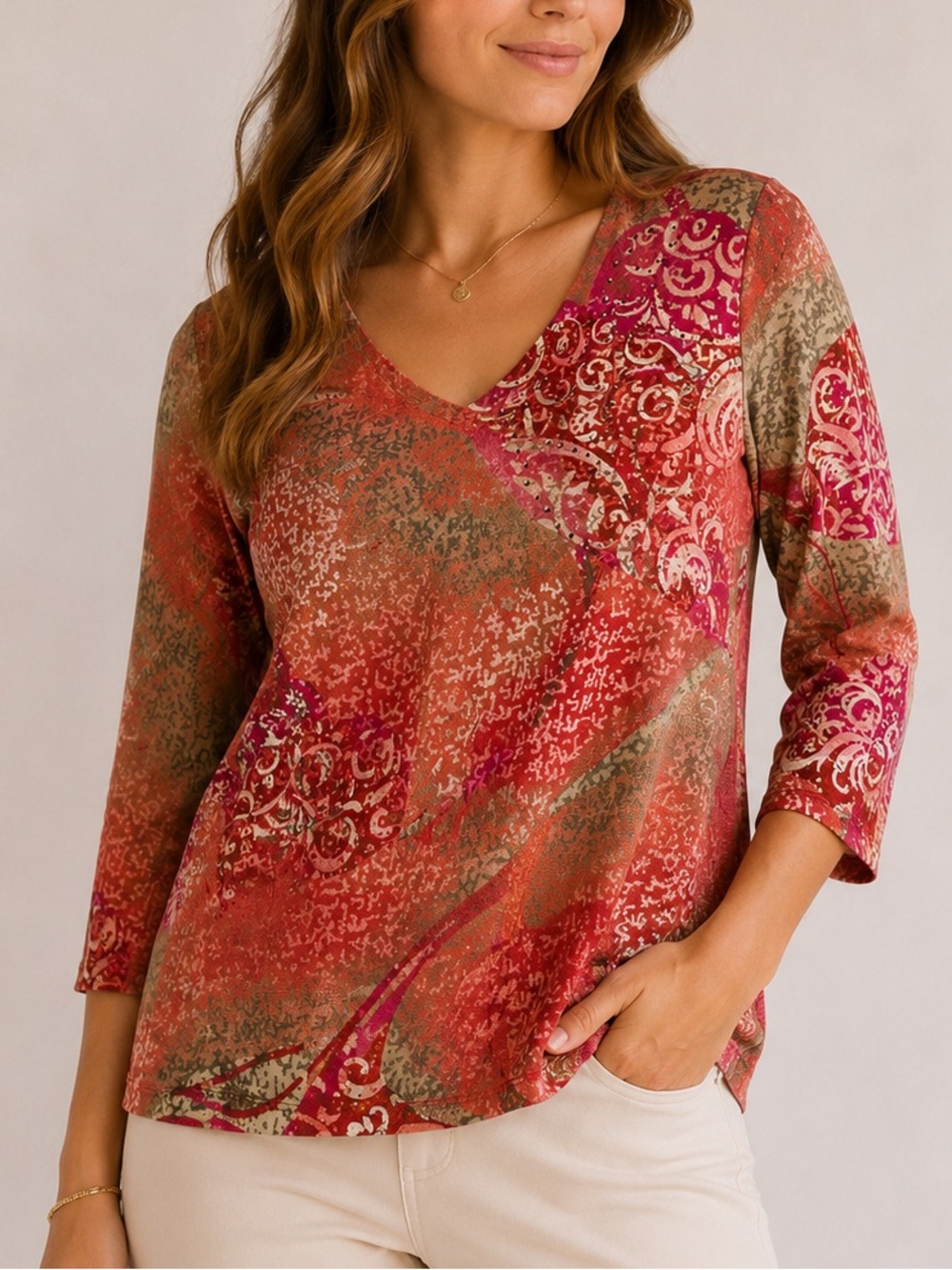 TanJay Petite Paisley Floral Blouse Red Pink V Neck 3/4 Sleeve SP
